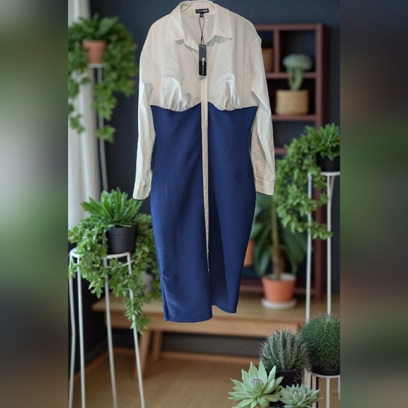 Fashion Nova Let's Get Serious Midi Shirt Dress - Navy/combo Size Large (NWT) - Picture 5 of 16